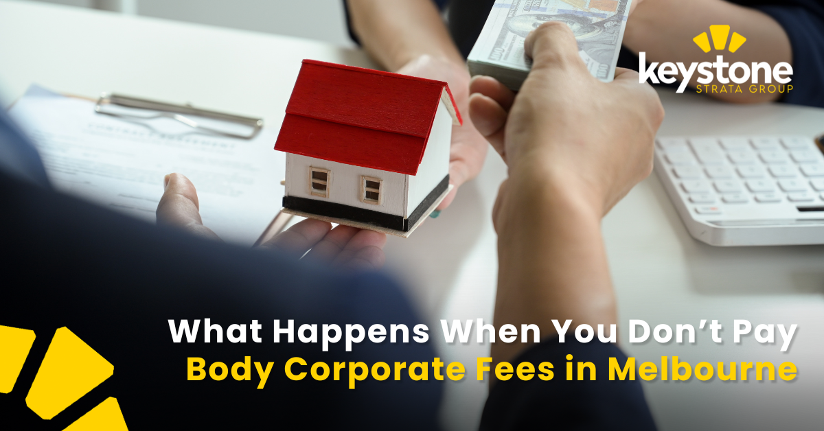 Concerned property owner in Melbourne reading notice about unpaid body corporate fees, emphasizing timely strata fee payments.